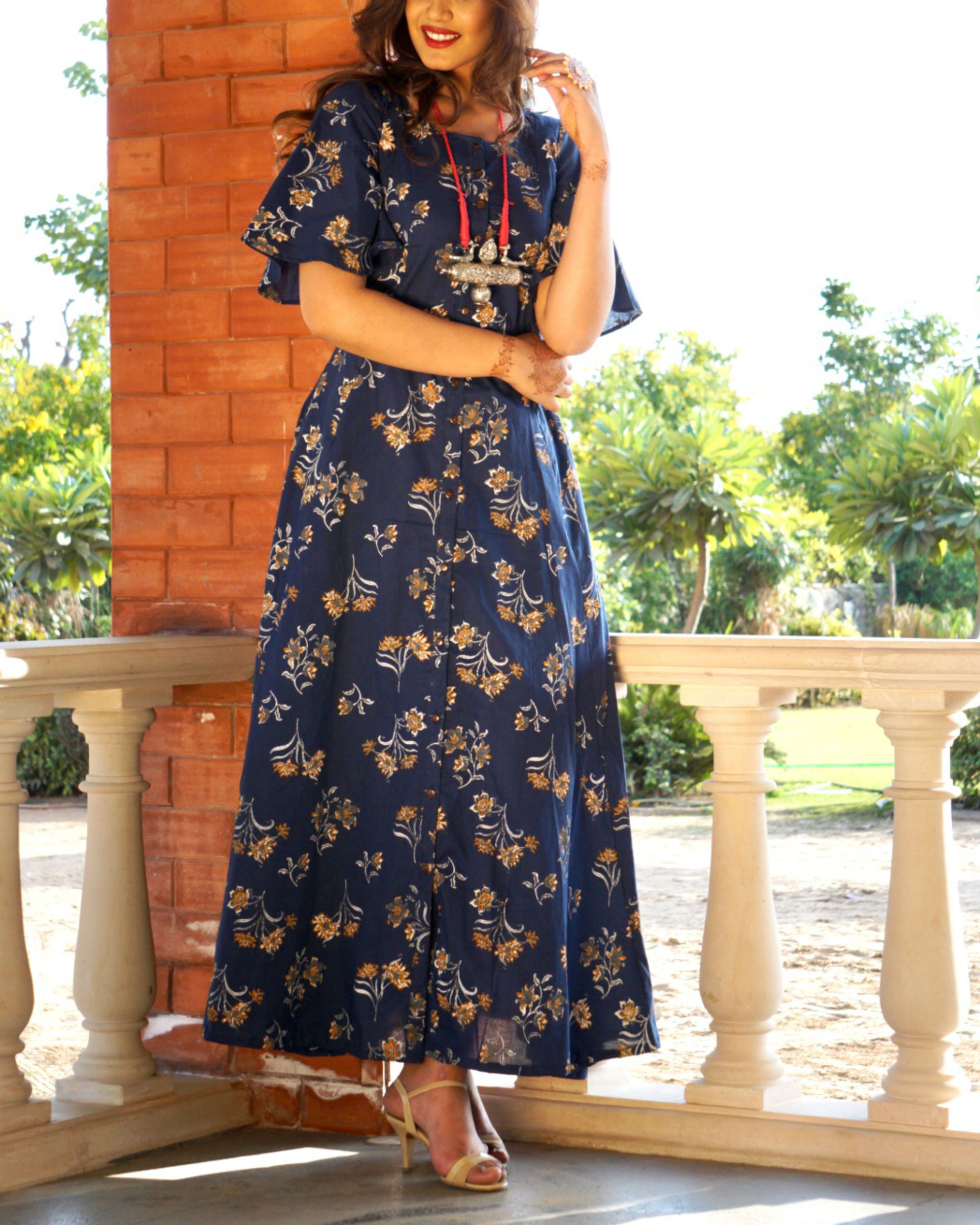 Navy blue floral button down maxi by Rivaaj | The Secret Label