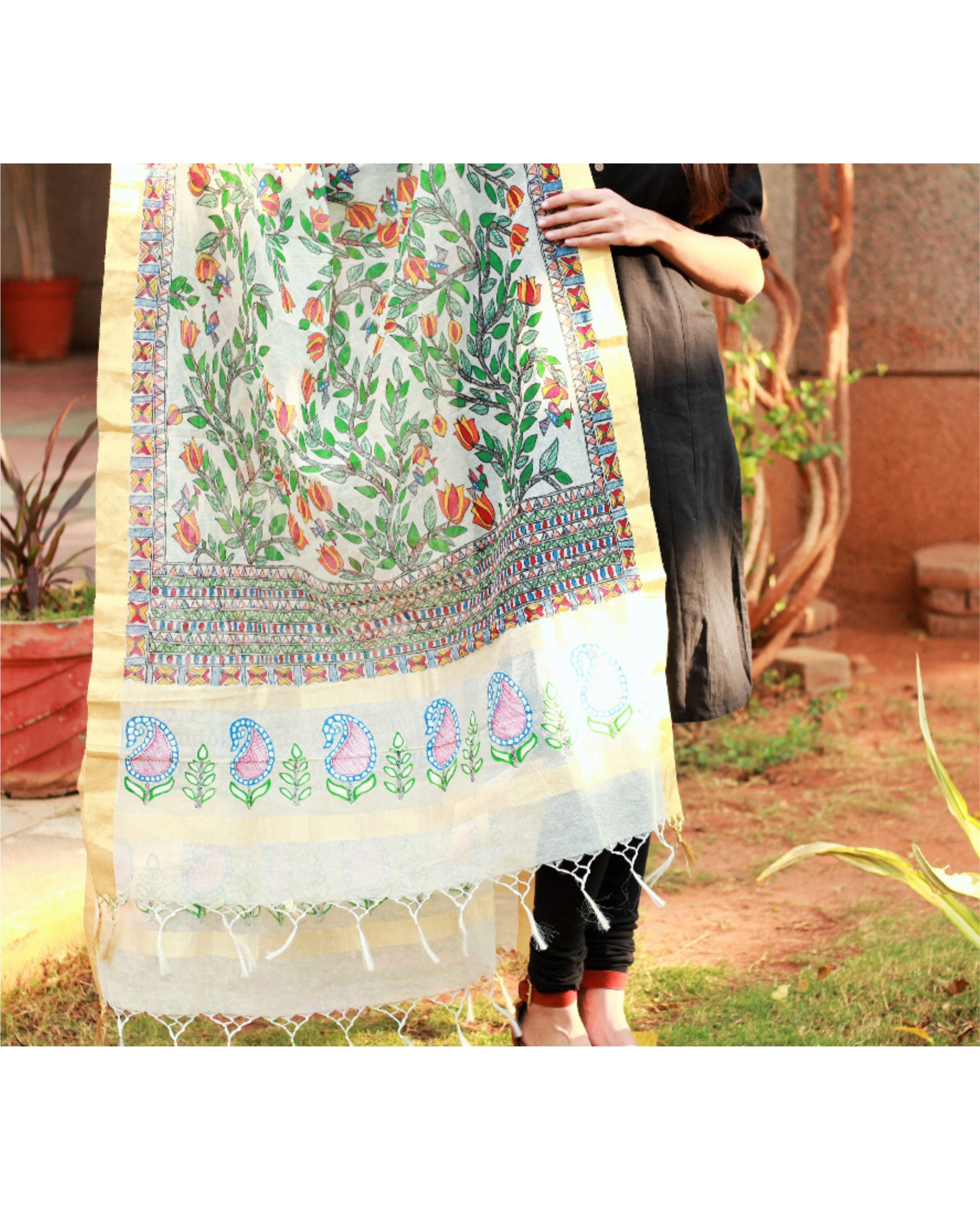 Madhubani Floral hand painted multi color dupatta by Arts of India