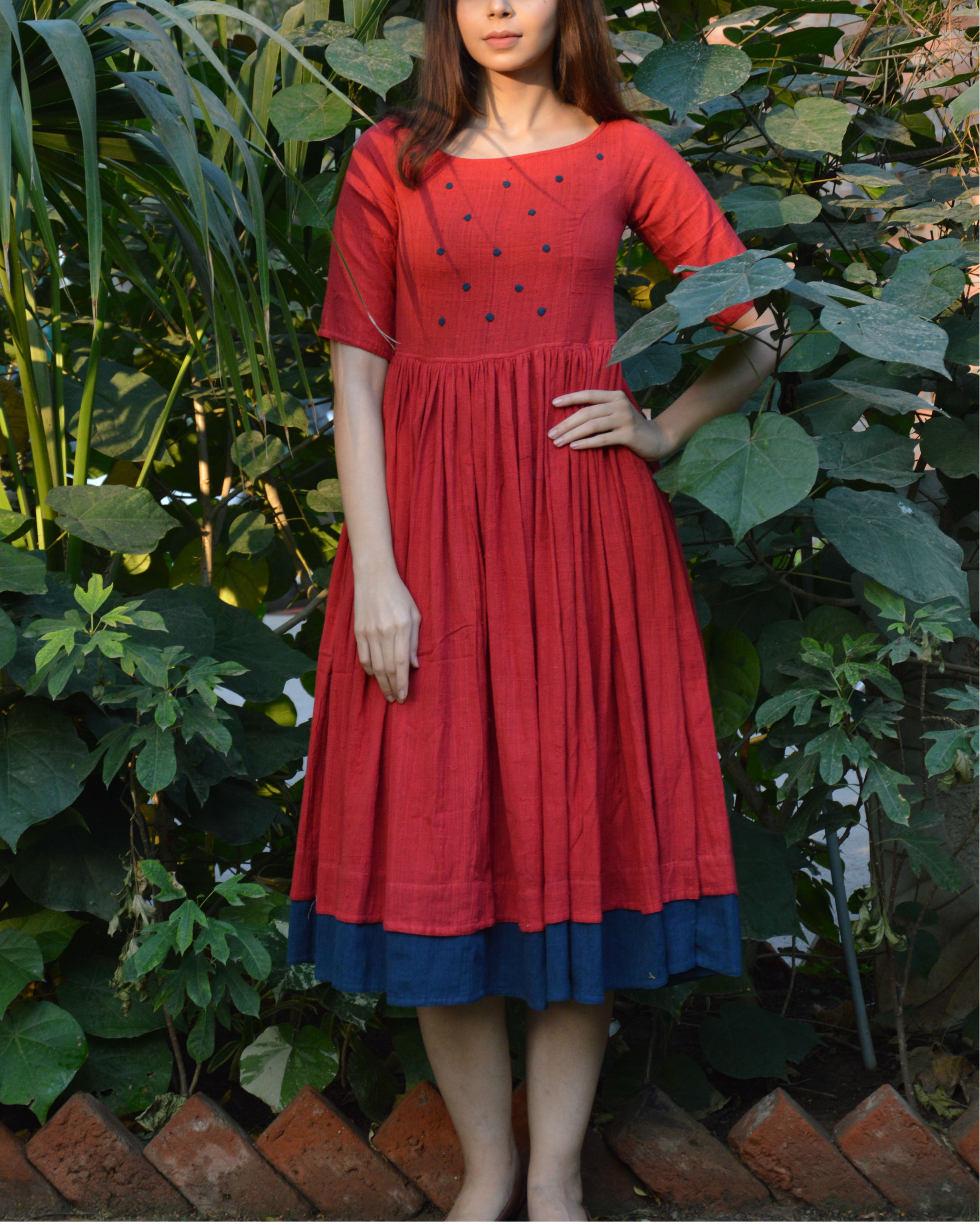 Red indigo layer frock with polka applique by Silai | The Secret Label