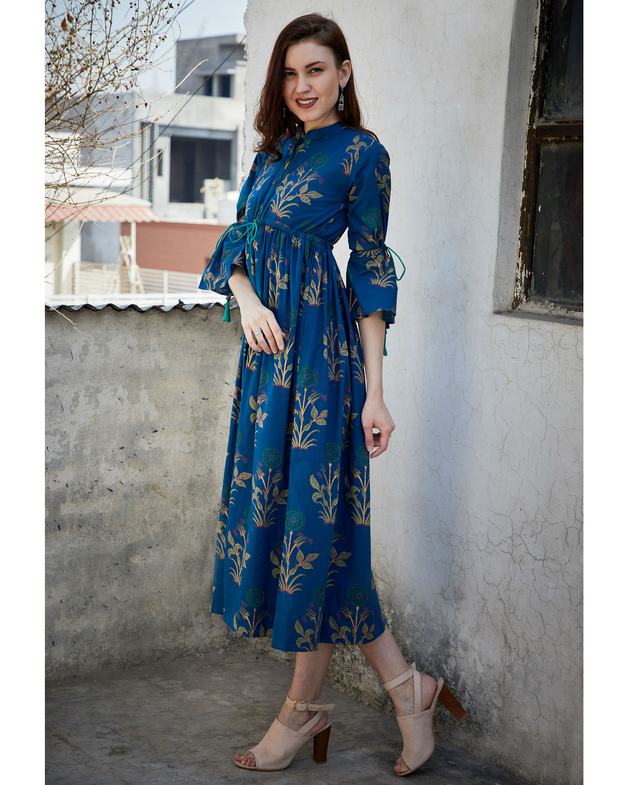 Blue foil printed gathered dress by Desi Doree | The Secret Label