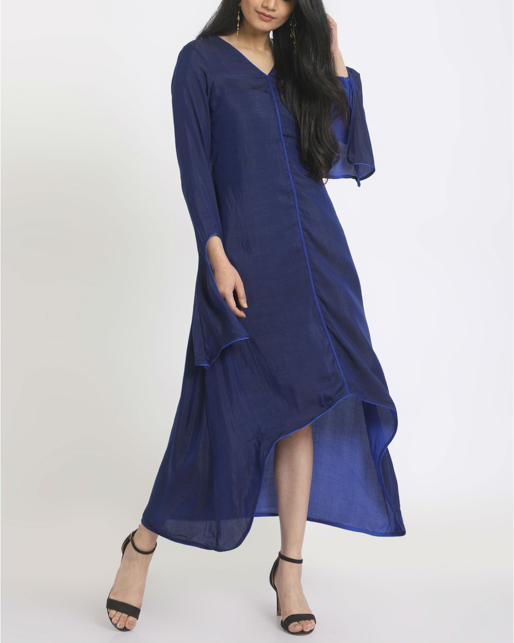 Navy royal blue assymetric silk dress by trueBrowns | The Secret Label