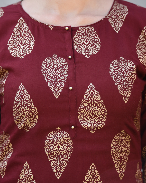 Maroon block printed kurta with striped palazzos by Desi Doree | The ...