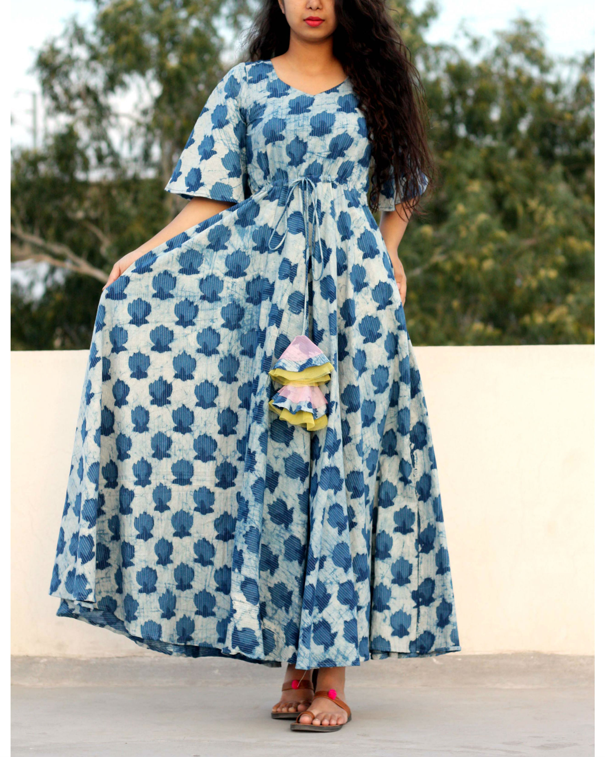 Indigo floral print maxi dress by Label Shivani Vyas | The Secret Label