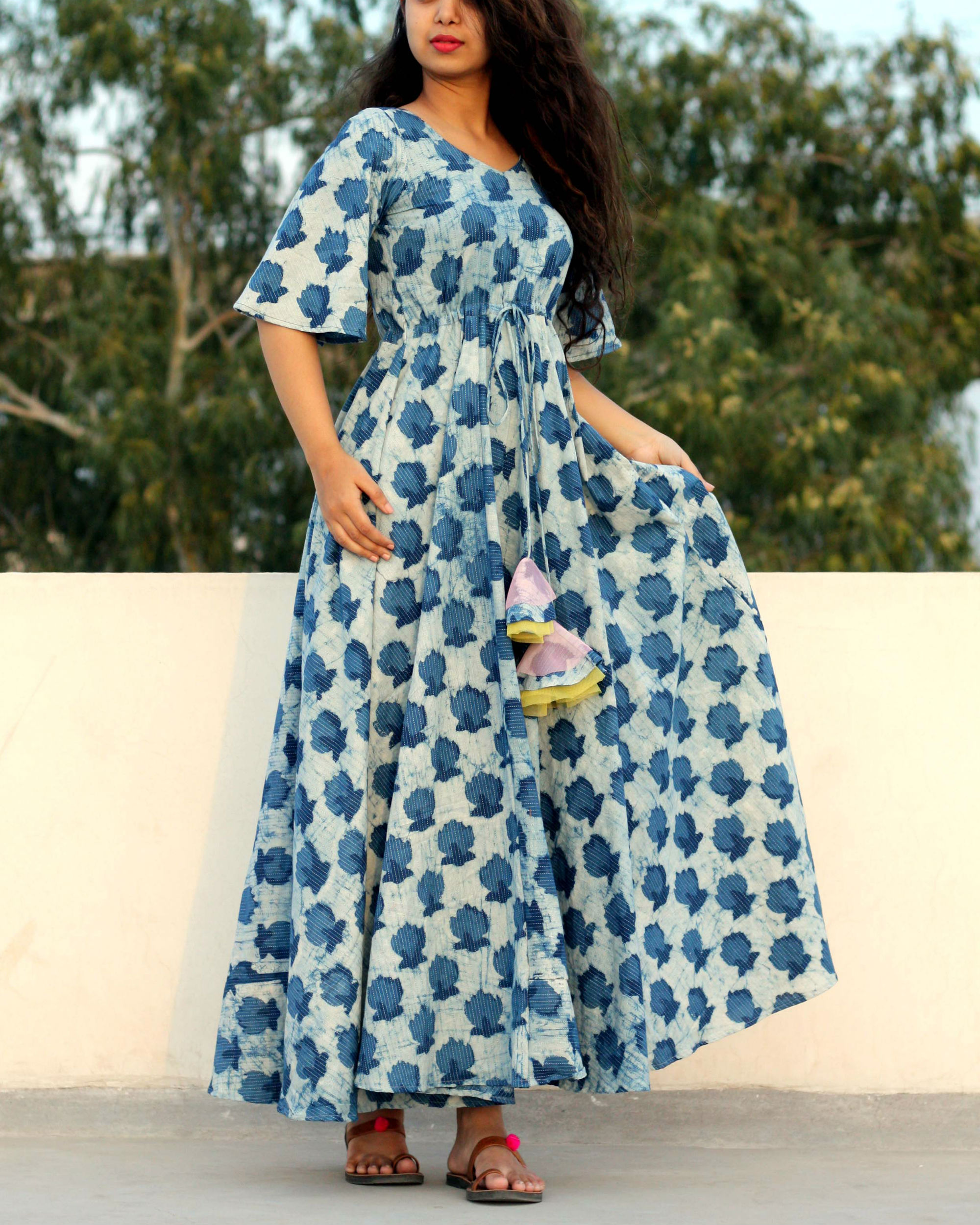 Indigo floral print maxi dress by Label Shivani Vyas | The Secret Label