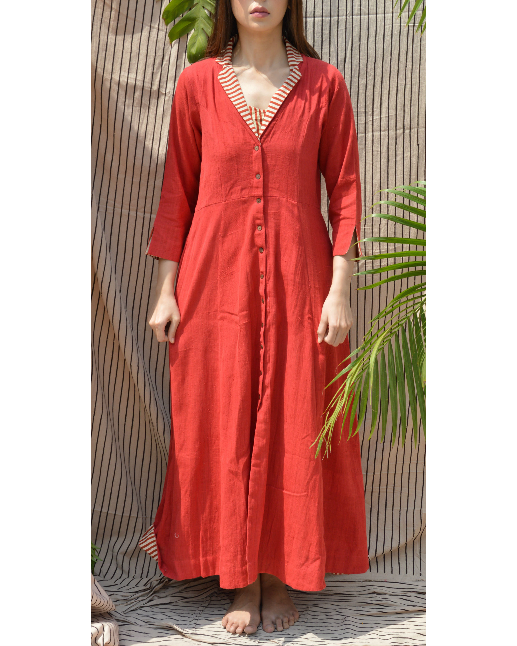 Red cotton collared jacket by Silai The Secret Label