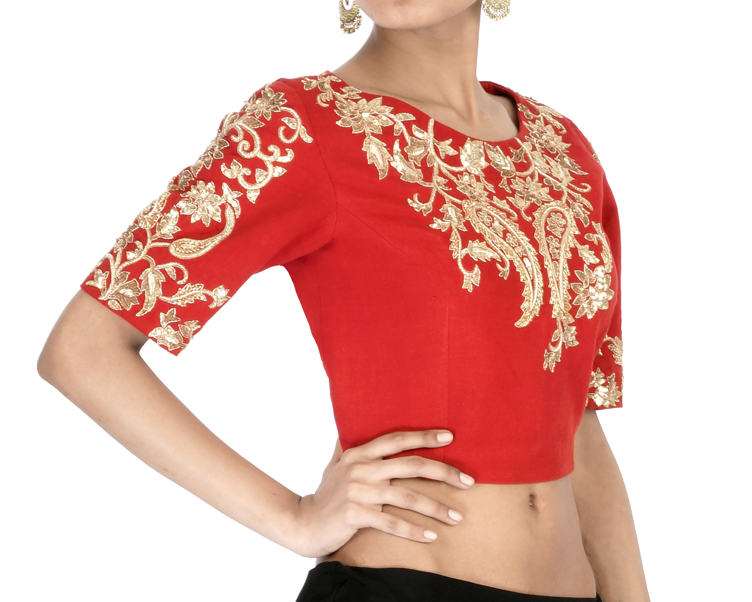 Red elbow sleeves embroidered crop top by Shilpa Reddy | The Secret Label